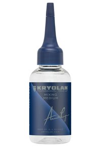 Transparent glass bottle with a blue and silver label; features a narrow, pointed blue cap. Label states "KRYOLAN MIXING MEDIUM."