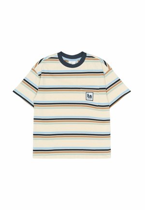 Kortærmet stribet t-shirt i creméfarvet, med horisontale linjer i blå, brun og tan, samt en lomme og logo på fronten.