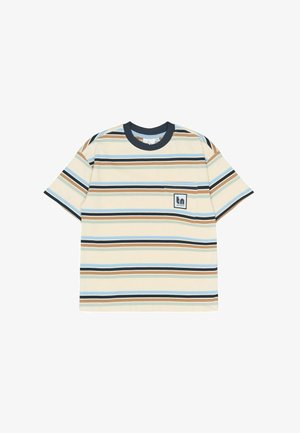 Tricou cu mânecă scurtă, în dungi, de culoare crem, cu linii orizontale în nuanțe de albastru, maro și bej, având un buzunar și un logo pe față.