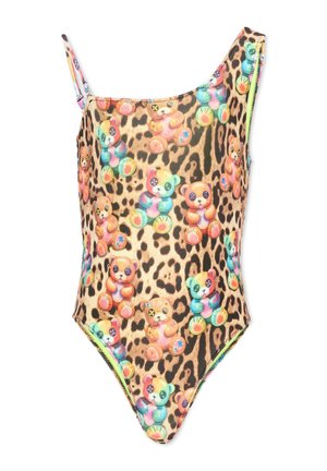 Jednoczęściowy strój kąpielowy na jedno ramię z tłem w panterkę i kolorowymi misiami z guzikowymi oczami rozmieszczonymi na całej tkaninie.