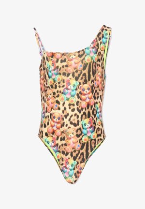 Maillot de bain asymétrique à une épaule avec fond imprimé léopard et oursons colorés aux yeux en bouton répartis sur tout le tissu.