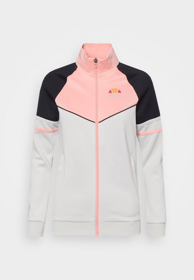 Zippered track jacket in grey and black with pink accents; features a high collar and side pockets; logo displayed on the chest.