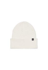 Bonnet blanc en tricot avec une texture c ôtelée et un revers plié. Présente une petite étiquette noire avec un logo à l'avant.
