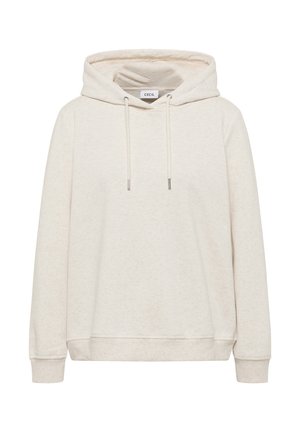 Hellbeige Pullover-Hoodie mit langen Ärmeln, vorderen Zugbändern, gerippten Bündchen und Saum sowie einem Markenetikett im Inneren der Kapuze.