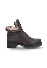 Botines de cuero marrón con un collar de piel sintética, parte delantera con cordones, suela resistente y un logo en el costado; cuenta con una parte superior plegable.