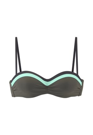Trägerloses Bikinioberteil mit dünnen schwarzen Trägern, dunklem olivfarbenem Stoff und einem helltürkisfarbenen, gebogenen Akzent nahe dem oberen Rand.