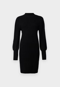 Robe noire en tricot côtelé avec un col montant, un corsage ajusté et des manches longues bouffantes. Design à longueur de genou avec une texture de tissu lisse.