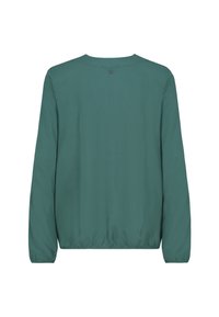 Teal green long-sleeve blouse with a round neckline, elastic hem and cuffs, and a small button detail at the upper back.