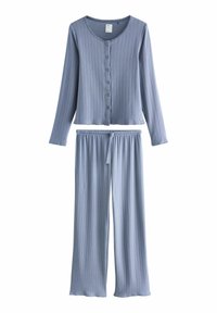 Lichtblauw geribd pyjamaset met een lange mouwen blouse met knopen en broek met elastische tailleband en trekkoord. Zachte textuur en comfortabele pasvorm.