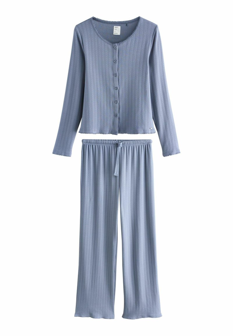 Lichtblauw geribd pyjamaset met een lange mouwen blouse met knopen en broek met elastische tailleband en trekkoord. Zachte textuur en comfortabele pasvorm.