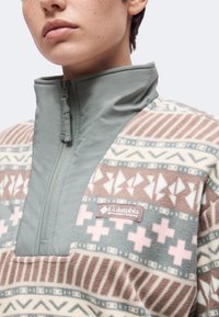 Κοντινό πλάνο ενός ατόμου που φοράει φλις Columbia Sportswear με μοτίβο και ψηλό γιακά με φερμουάρ σε απαλούς παστέλ τόνους.