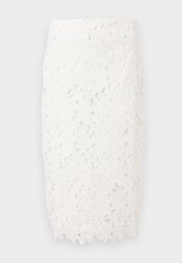 Fustă creion albă din dantelă, cu modele florale, o siluetă ajustată și tiv ondulat pentru un plus de detaliu. Fabricată din material de dantelă delicat.