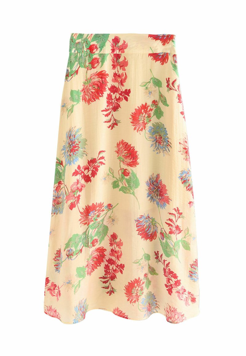 Jupe à imprimé floral en tissu jaune pâle, ornée de fleurs rouges et vertes, avec une texture lisse et une forme évasée.