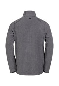 Grijze fleece jas met een hoge kraag, lange mouwen en een lichte textuur. Beschikt over contrasterende stiksels en een klein logo op de achterkant.