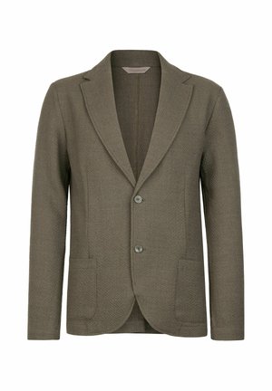 Olivgrön blazer med en texturerad tyg, slagkrage, två knappar och två frampocket. Enkel, skräddarsydd form med en slät insida.
