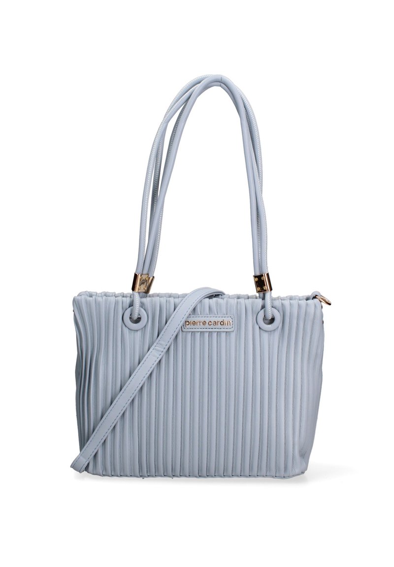 Borsa a mano di colore blu chiaro realizzata in materiale ondulato, dotata di due tracolle, dettagli in metallo dorato e una tracolla removibile.