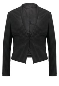 Černé sako pro ženy s bílými proužky, otevřený přední díl, dlouhé rukávy a mírně zkrácený, přiléhavý střih.