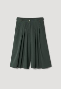 Plissé, donkergroene culottes van lichtgewicht stof. Bevat twee zijzakken en twee knopen aan een platte tailleband.