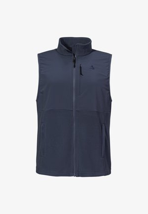 Dunkelblaue ärmellose Weste aus weichem, fleeceartigem Material mit hohem Kragen, Reißverschluss vorne und seitlichen Taschen zur Aufbewahrung.