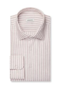 Chemise à manches longues pliée avec des rayures verticales roses et blanches, poignets boutonnés et col plié, étiquetée "seidensticker."