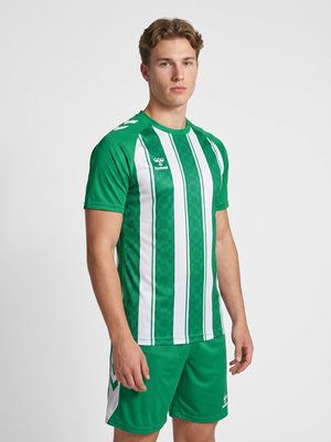 Młody mężczyzna w zielono-białej sportowej koszulce w paski i zielonych szortach stoi na jednolitym tle.