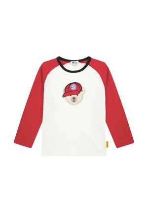 Long-sleeve T-shirt with red raglan sleeves and a white body, featuring an embroidered bear wearing a red cap with a logo on the chest.