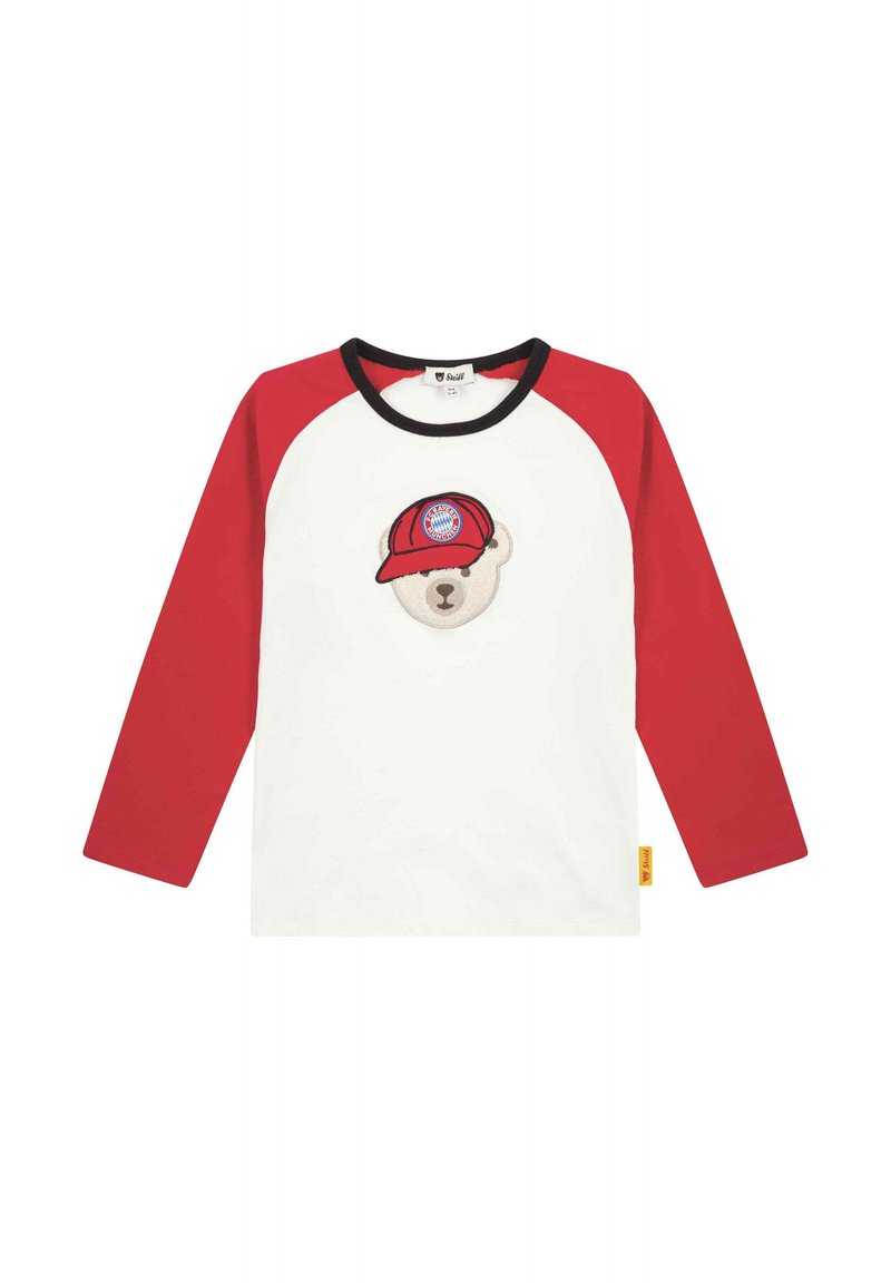 Long-sleeve T-shirt with red raglan sleeves and a white body, featuring an embroidered bear wearing a red cap with a logo on the chest.