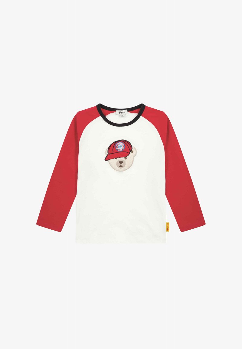 Long-sleeve T-shirt with red raglan sleeves and a white body, featuring an embroidered bear wearing a red cap with a logo on the chest.