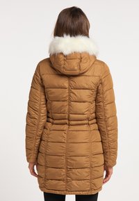 Brown puffer coat with a hood, white faux fur collar, quilted design, and a fitted waist, featuring long sleeves and a mid-thigh length.