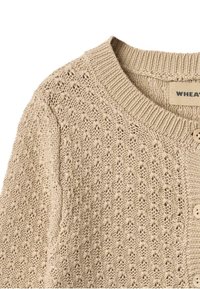 Beige gebreide cardigan met een textuurpatroon, geribbelde ronde halslijn en twee lichtgekleurde knopen aan de voorkant.