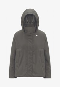 Veste isolante gris foncé avec capuche, dotée d'un col montant, de deux poches avant et d'un logo sur le côté supérieur gauche. Texture lisse.