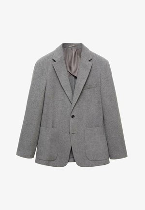 Grijze blazer met patroon, met notch lapels, één zwarte knoop, twee voorzakken en gedeeltelijke voering. Glad oppervlak en op maat gemaakt ontwerp.