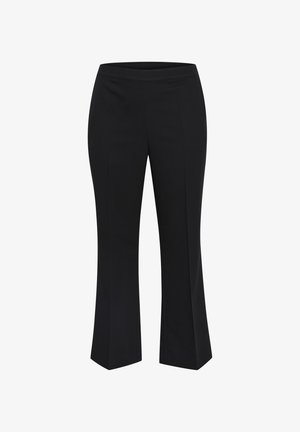 Pantalon noir avec une texture lisse, un ourlet évasé et une taille élastique. Présente deux plis sur le devant pour une apparence ajustée.