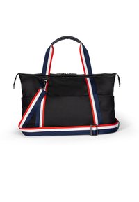 Sac en nylon noir avec deux poignées et une sangle réglable aux rayures rouge, blanche et marine. Fermeture zippée en haut.