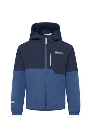 Wasserdichte Jacke in Dunkel- und Hellblau. Mit Kapuze, Reißverschluss vorne und elastischen Manschetten. Logo auf der oberen linken Seite. Glatte Textur.