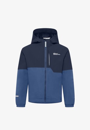 Giacca impermeabile in blu scuro e chiaro. Caratterizzata da un cappuccio, chiusura frontale con zip e polsini elasticizzati. Logo sul lato superiore sinistro. Tessuto liscio.