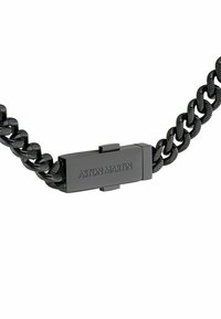 Bracciale a catena nero con maglie intrecciate dalla finitura texturizzata e chiusura incisa con "ASTON MARTIN." Materiale liscio e lucido.