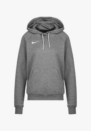 Felpa grigia realizzata in tessuto morbido, con tasca frontale, cordini bianchi e logo Nike bianco sulla parte sinistra del petto.