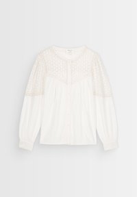 Biała koszula na guziki z długimi rękawami, z teksturowanym koronkowym karczkiem i plisowanymi detalami w miękkim, lekkim materiale.