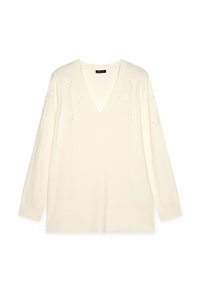 Cremefarbener V-Ausschnitt-Pullover mit langen Ärmeln. Mit strukturierten Blumenmustern auf der Vorderseite, aus einem weichen Strickmaterial gefertigt.