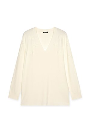 Maglione color crema con scollatura a V e maniche lunghe. Presenta motivi floreali testurizzati sul davanti, realizzato in morbido materiale lavorato a maglia.
