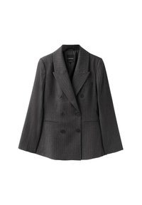 Blazer croisé gris foncé à fines rayures avec larges revers, six boutons et deux poches avant sur fond blanc.