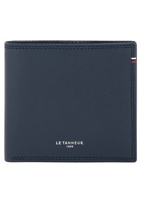 Navy blue leather wallet with a smooth texture, bi-fold design, and white embossed branding. Features contrast stitching and a vertical stripe accent.