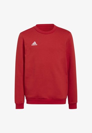 Rode sweatshirt van zachte stof, met lange mouwen, een ronde hals en een wit Adidas-logo op de bovenste linkerkant.