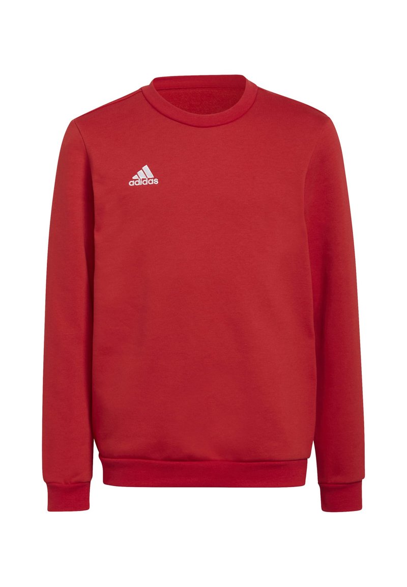 Felpa rossa realizzata in tessuto morbido, con maniche lunghe, un colletto tondo e il logo bianco di Adidas sul lato sinistro superiore.