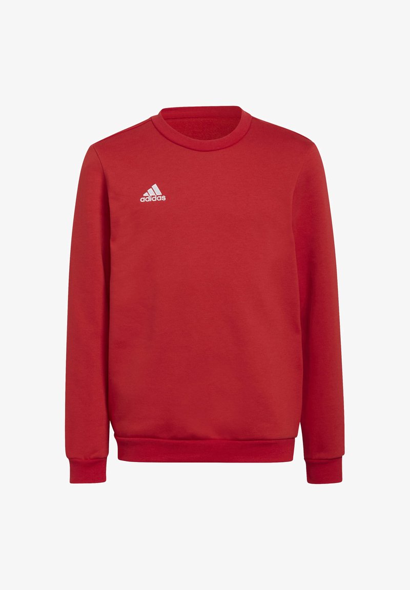 Felpa rossa realizzata in tessuto morbido, con maniche lunghe, un colletto tondo e il logo bianco di Adidas sul lato sinistro superiore.