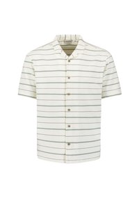 Korte mouwen shirt in crème met groene horizontale strepen, met een bandkraag en knoopsluiting, en een gestructureerde stofafwerking.