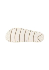 Suela de zapato de goma blanca con agarre texturizado, ranuras horizontales para flexibilidad y puntera redondeada, con un sutil patrón hexagonal en el talón.