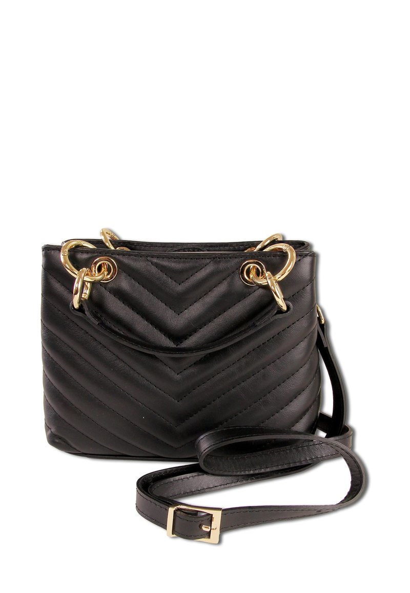 Sac à main en cuir noir avec un motif matelassé en chevrons, des ferrures dorées, une poignée supérieure et une bandoulière amovible.