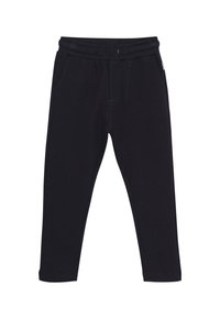 Zwarte sportbroek met een visgraatstructuur, elastische tailleband, trekkoord en twee zijzakken. Tapered leg ontwerp.